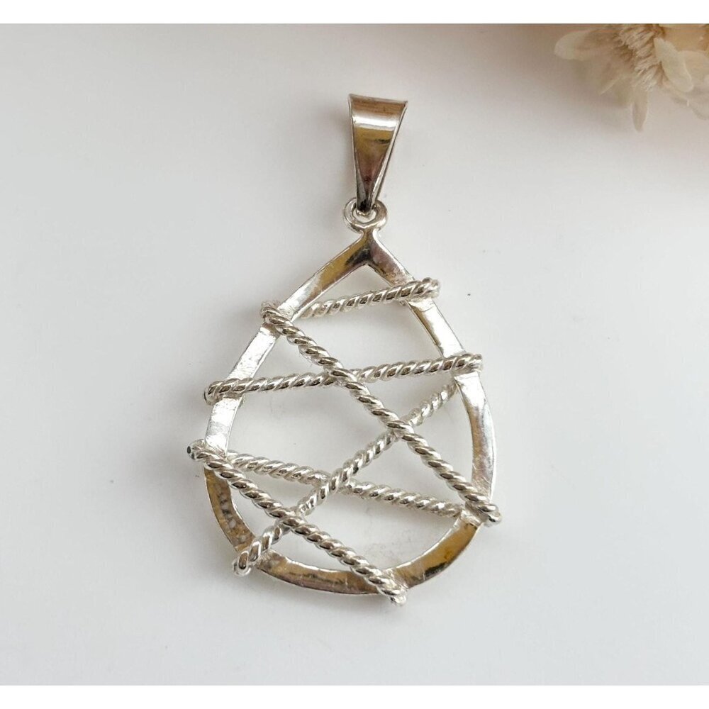 Abstract Beaded Wrapped Teardrop Sterling Silver 925 Vintage Pendant